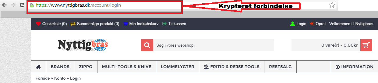 Eksempel på en krypteret og sikker forbindelse via https protokollen, i forbindelse med gennemførelse af et køb på www.nyttigbras.dk