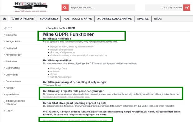 Oversigt over GDPR værktøjer som hver eneste registreret kunde automatisk har på sin konto hos Nyttigbras.dk